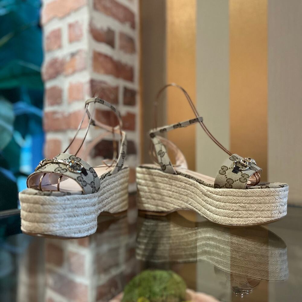 GUCCI Beige Canvas Horsebit Espadrille Wedges SZ 39 (US 9)